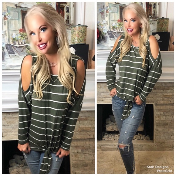 Tops - 🛍LAST! Olive Striped Cold Shoulder Front Tie Top!